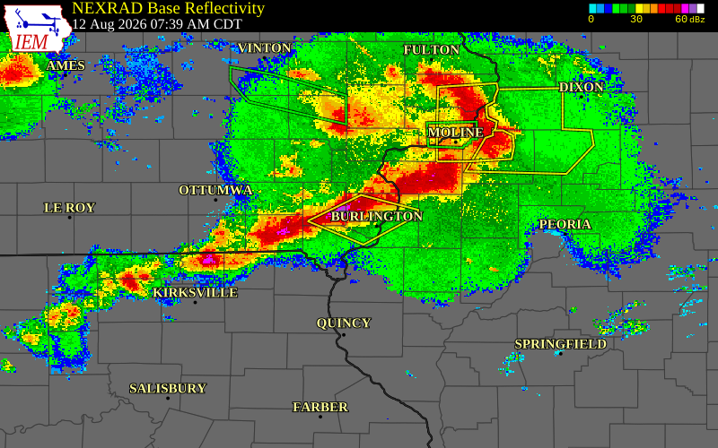 Radar snapshot during the Aug 12, 2026 wind event near 1 WNW Middletown, Des Moines County, Iowa, with NWS warning polygons
