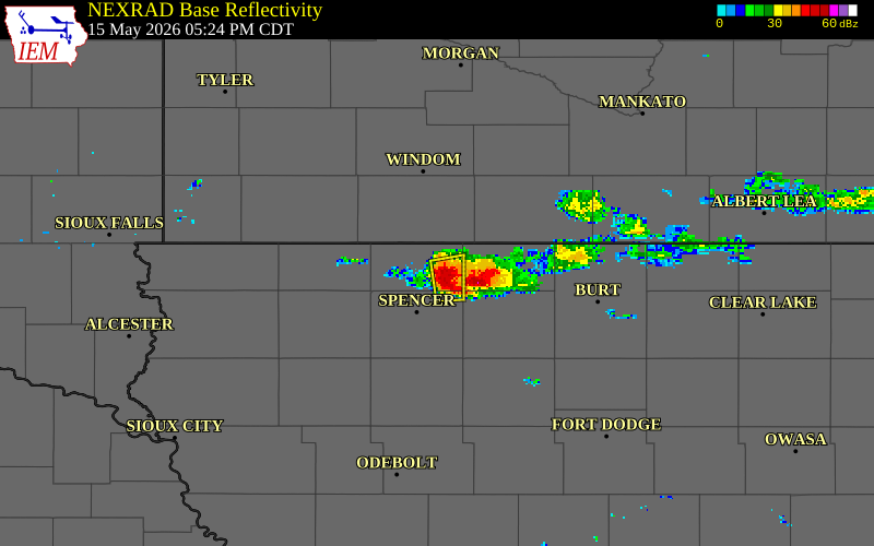 NEXRAD radar during the Friday, May 15, 2026 storm activity in Dickinson County, Iowa