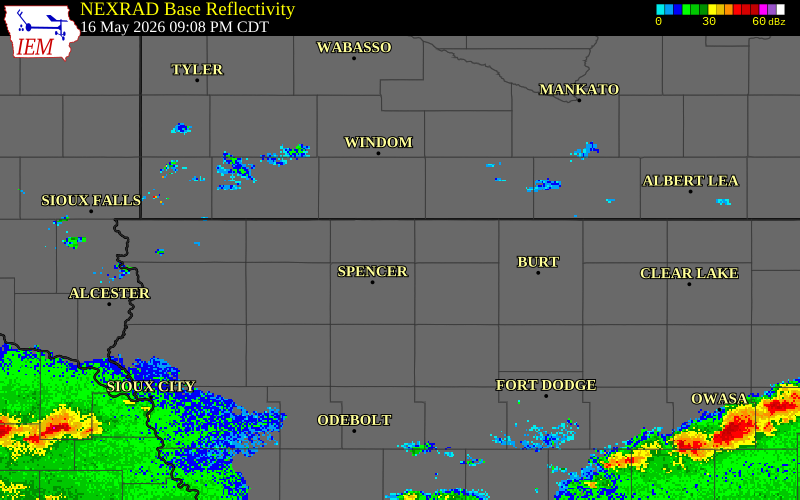 NEXRAD radar during the Saturday, May 16, 2026 storm activity in Dickinson County, Iowa