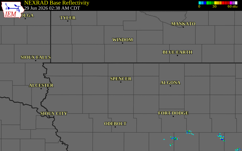 NEXRAD radar during the Monday, June 29, 2026 storm activity in Dickinson County, Iowa