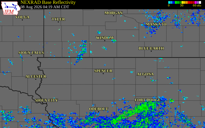 NEXRAD radar during the Saturday, August 8, 2026 storm activity in Dickinson County, Iowa