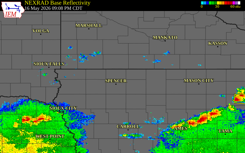 Radar snapshot during the May 16, 2026 tornado event near 2 NW Terril, Dickinson County, Iowa, with NWS warning polygons