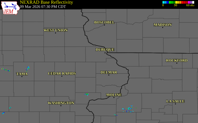 NEXRAD radar during the Monday, March 9, 2026 storm activity in Dubuque County, Iowa