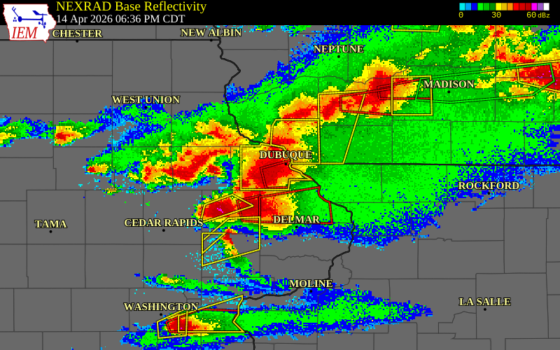 NEXRAD radar during the Tuesday, April 14, 2026 storm activity in Dubuque County, Iowa