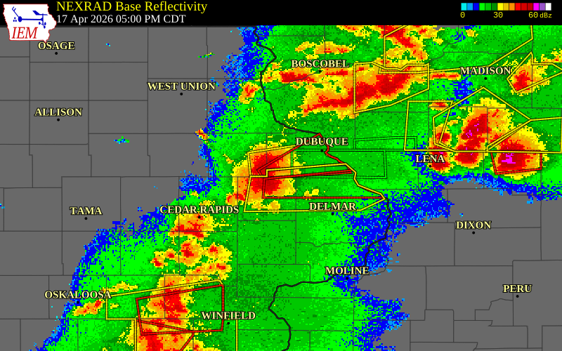 NEXRAD radar during the Friday, April 17, 2026 storm activity in Dubuque County, Iowa