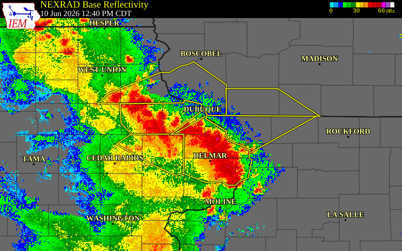 NEXRAD radar during the Wednesday, June 10, 2026 storm activity in Dubuque County, Iowa