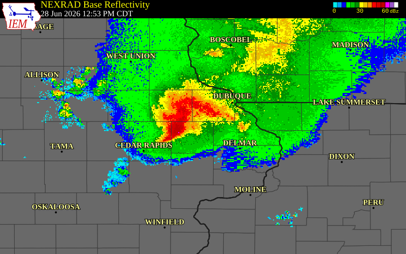 NEXRAD radar during the Sunday, June 28, 2026 storm activity in Dubuque County, Iowa