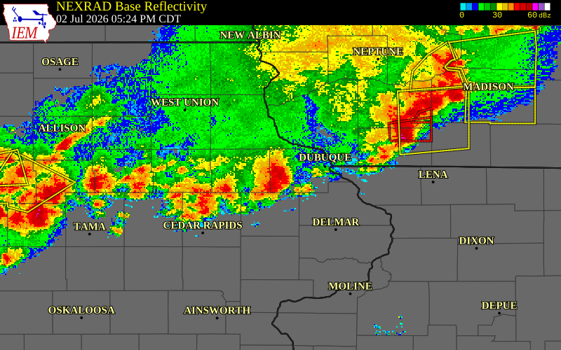 NEXRAD radar during the Thursday, July 2, 2026 storm activity in Dubuque County, Iowa