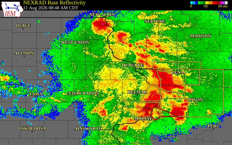 NEXRAD radar during the Tuesday, August 11, 2026 storm activity in Dubuque County, Iowa