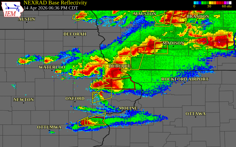Radar snapshot during the Apr 14, 2026 tornado event near 2 NW Dubuque Regional A, Dubuque County, Iowa, with NWS warning polygons