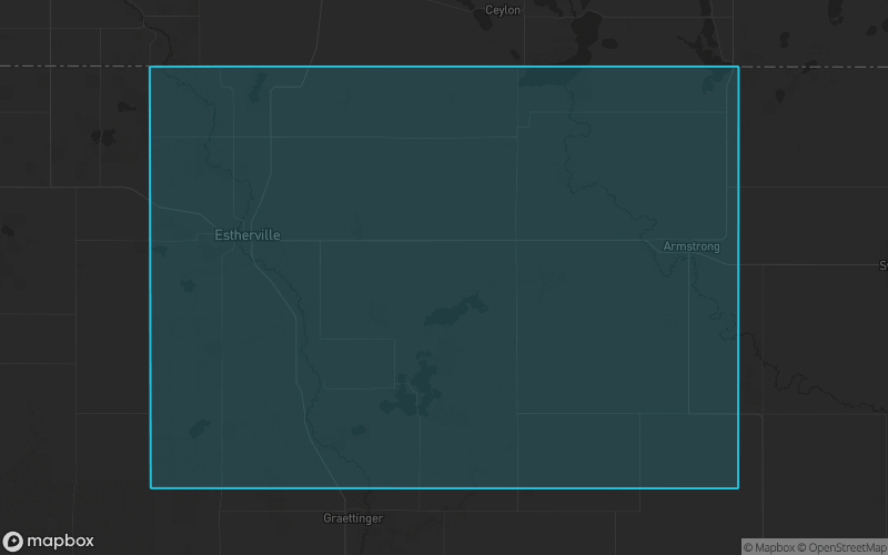 Map of Emmet County, Iowa showing the county boundary and surrounding cities