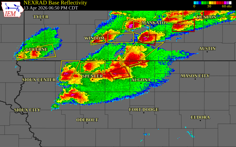 NEXRAD radar during the Monday, April 13, 2026 storm activity in Emmet County, Iowa