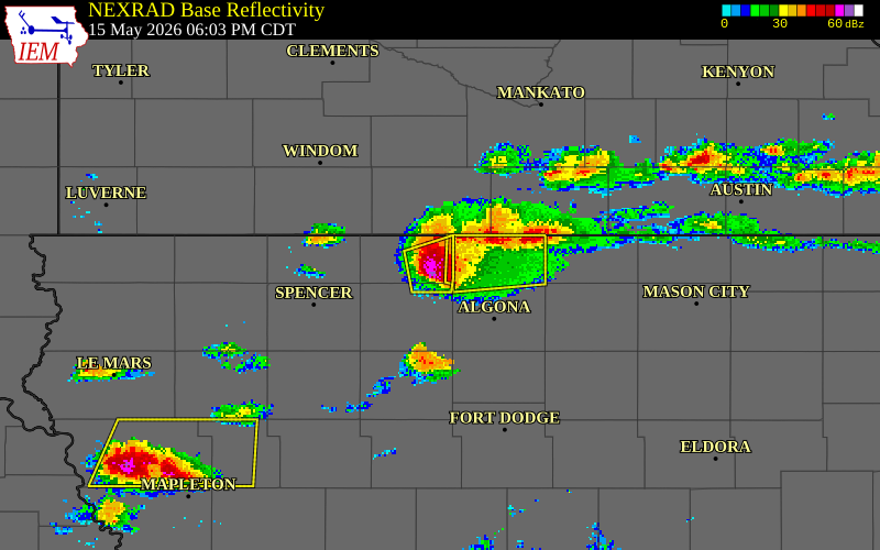 NEXRAD radar during the Friday, May 15, 2026 storm activity in Emmet County, Iowa
