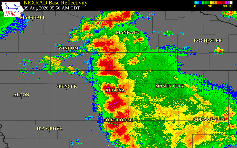 NEXRAD radar during the Sunday, August 9, 2026 storm activity in Emmet County, Iowa