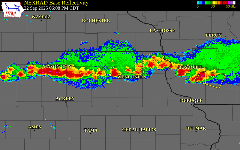 NEXRAD radar during the Monday, September 22, 2025 storm activity in Fayette County, Iowa