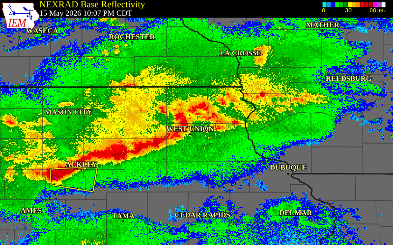 NEXRAD radar during the Friday, May 15, 2026 storm activity in Fayette County, Iowa