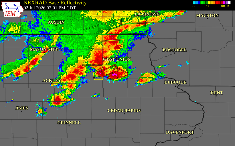NEXRAD radar during the Thursday, July 2, 2026 storm activity in Fayette County, Iowa