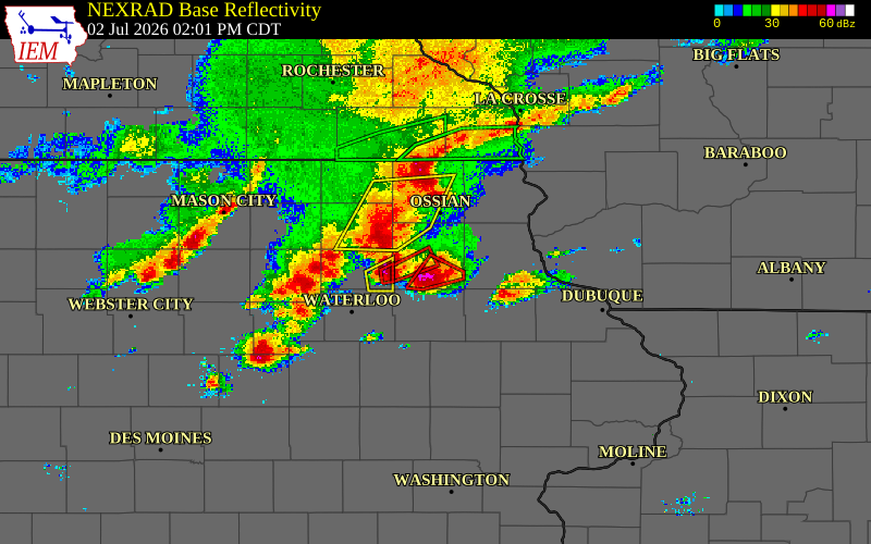 Radar snapshot during the Jul 2, 2026 hail event near 4 ESE Maynard, Fayette County, Iowa, with NWS warning polygons