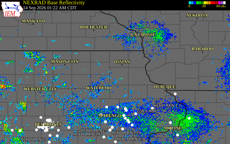Current NEXRAD radar over Fayette County, Iowa with recent storm report locations