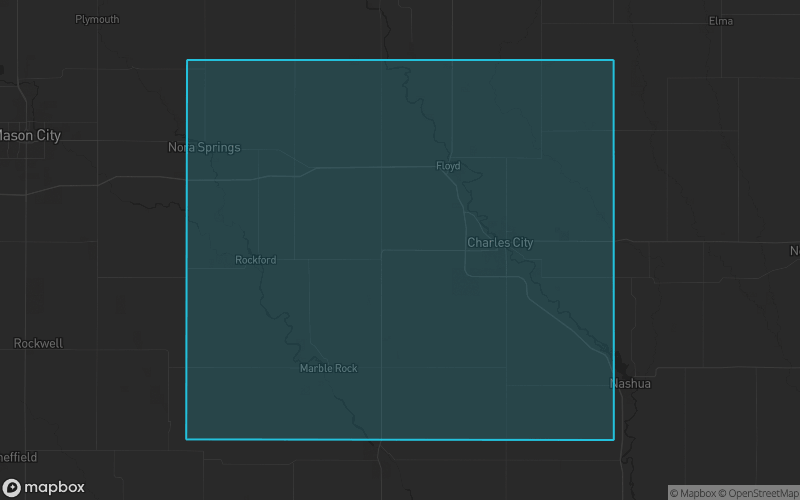 Map of Floyd County, Iowa showing the county boundary and surrounding cities