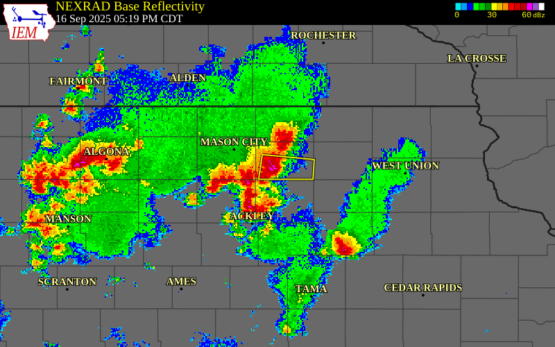 NEXRAD radar during the Tuesday, September 16, 2025 storm activity in Floyd County, Iowa
