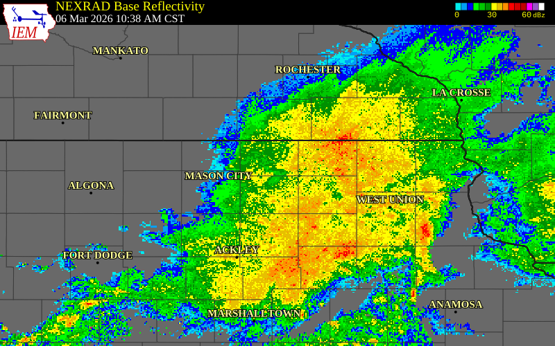 NEXRAD radar during the Friday, March 6, 2026 storm activity in Floyd County, Iowa