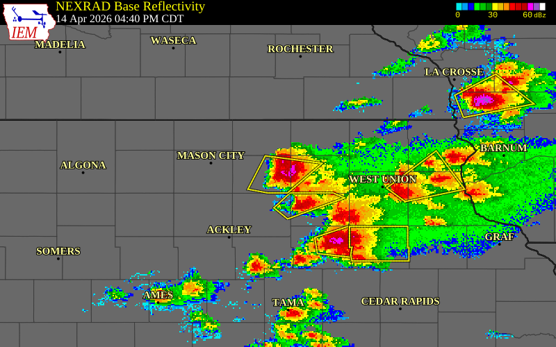 NEXRAD radar during the Tuesday, April 14, 2026 storm activity in Floyd County, Iowa