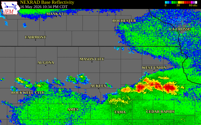 NEXRAD radar during the Saturday, May 16, 2026 storm activity in Floyd County, Iowa