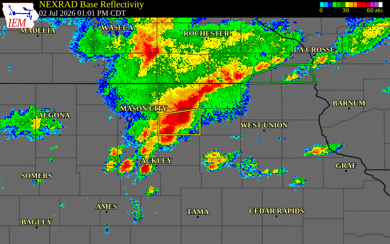 NEXRAD radar during the Thursday, July 2, 2026 storm activity in Floyd County, Iowa