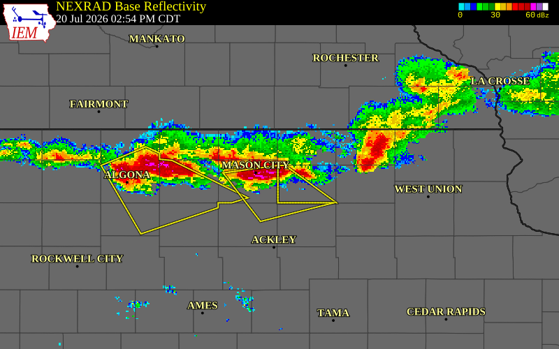 NEXRAD radar during the Monday, July 20, 2026 storm activity in Floyd County, Iowa