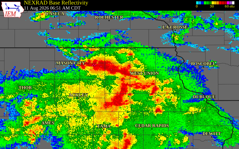 NEXRAD radar during the Tuesday, August 11, 2026 storm activity in Floyd County, Iowa