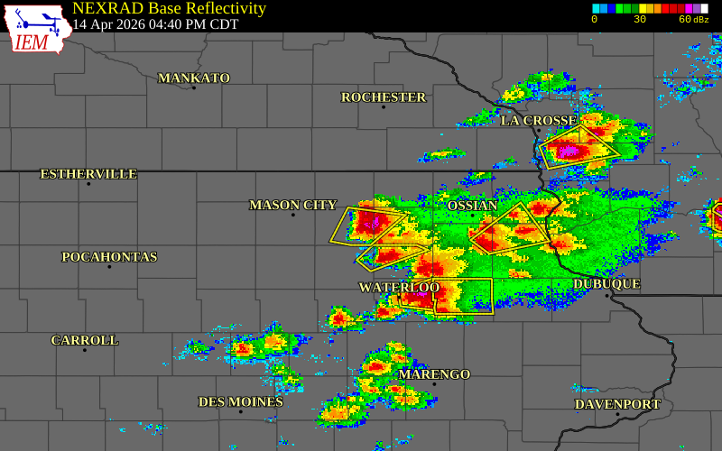 Radar snapshot during the Apr 14, 2026 hail event near 1 E Charles City, Floyd County, Iowa, with NWS warning polygons