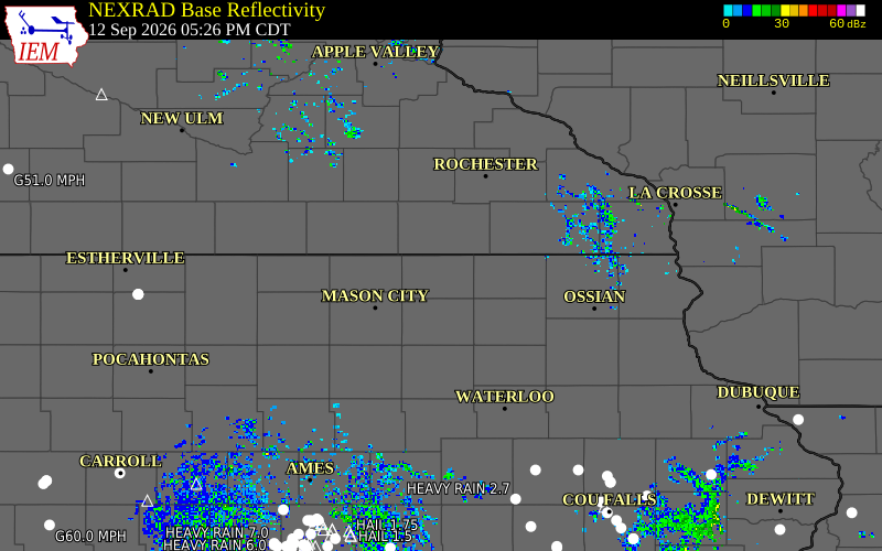 Current NEXRAD radar over Floyd County, Iowa with recent storm report locations