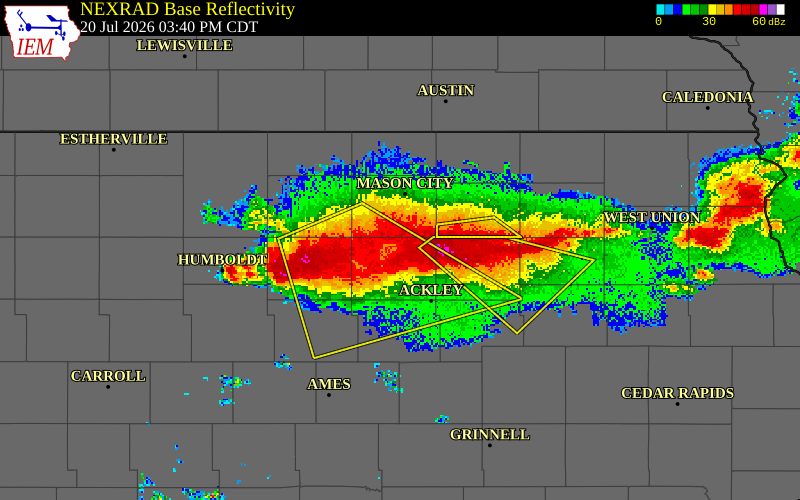 NEXRAD radar during the Monday, July 20, 2026 storm activity in Franklin County, Iowa