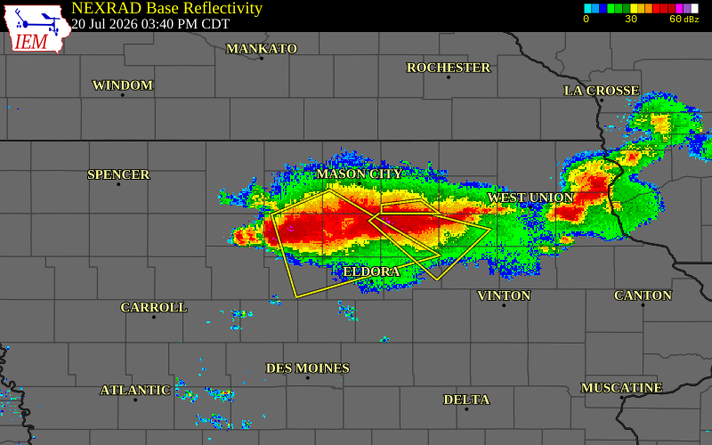 Radar snapshot during the Jul 20, 2026 wind event near 4 S Sheffield, Franklin County, Iowa, with NWS warning polygons