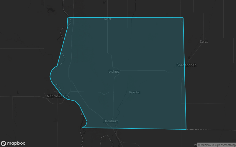 Map of Fremont County, Iowa showing the county boundary and surrounding cities