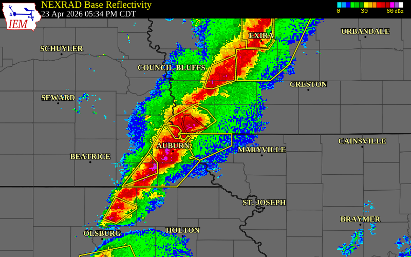 NEXRAD radar during the Thursday, April 23, 2026 storm activity in Fremont County, Iowa