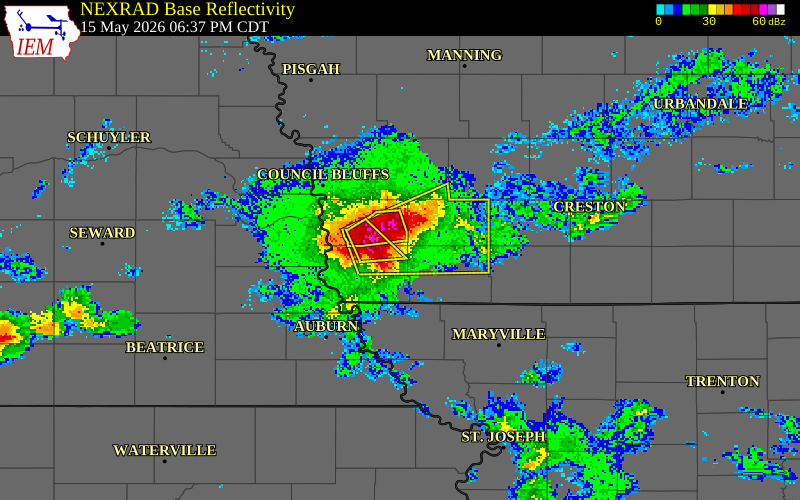 NEXRAD radar during the Friday, May 15, 2026 storm activity in Fremont County, Iowa