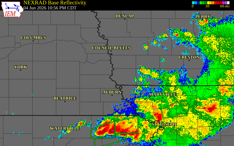 NEXRAD radar during the Thursday, June 4, 2026 storm activity in Fremont County, Iowa