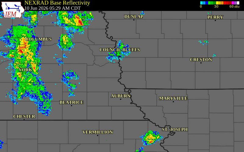 NEXRAD radar during the Wednesday, June 10, 2026 storm activity in Fremont County, Iowa