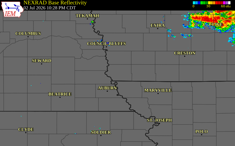 NEXRAD radar during the Thursday, July 2, 2026 storm activity in Fremont County, Iowa