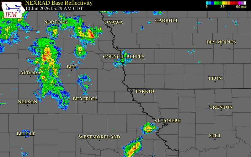 Radar snapshot during the Jun 10, 2026 tornado event near 4 W Thurman, Fremont County, Iowa, with NWS warning polygons