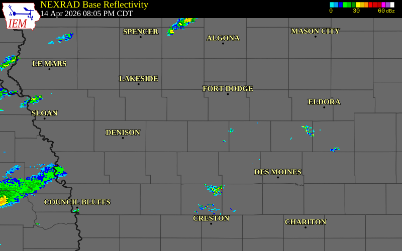 NEXRAD radar during the Tuesday, April 14, 2026 storm activity in Greene County, Iowa