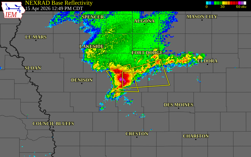 NEXRAD radar during the Wednesday, April 15, 2026 storm activity in Greene County, Iowa