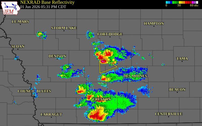 NEXRAD radar during the Monday, June 1, 2026 storm activity in Greene County, Iowa