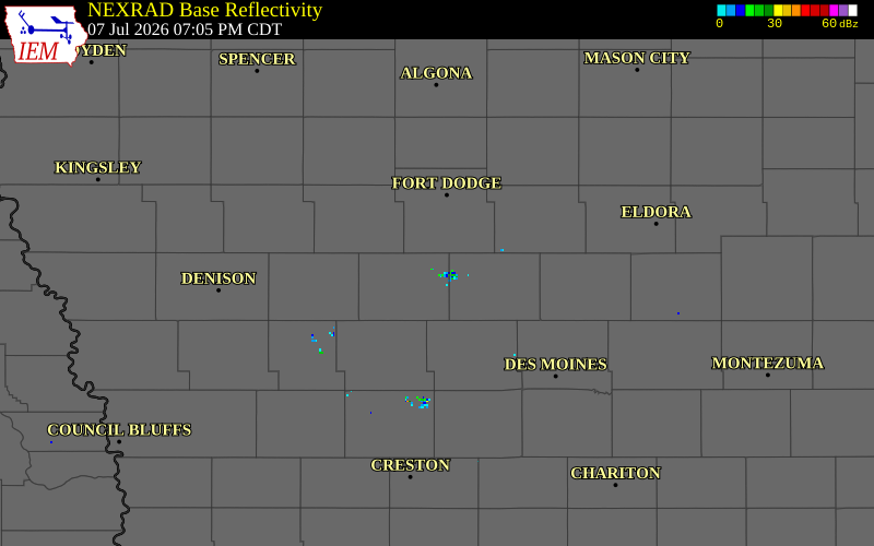 NEXRAD radar during the Tuesday, July 7, 2026 storm activity in Greene County, Iowa