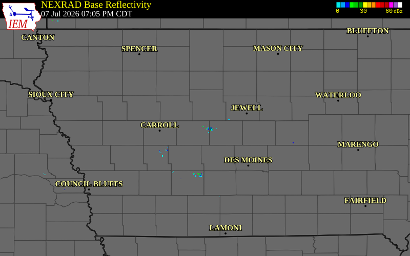 Radar snapshot during the Jul 7, 2026 wind event near Dana, Greene County, Iowa, with NWS warning polygons