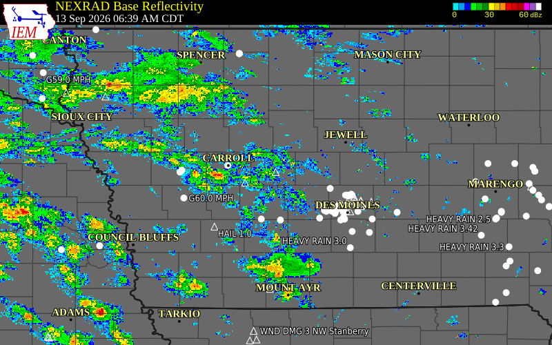 Current NEXRAD radar over Greene County, Iowa with recent storm report locations