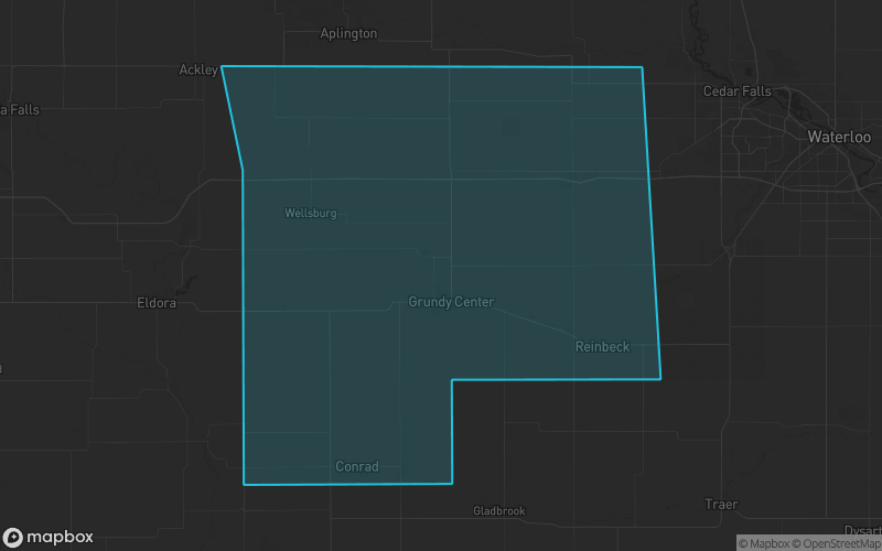 Map of Grundy County, Iowa showing the county boundary and surrounding cities