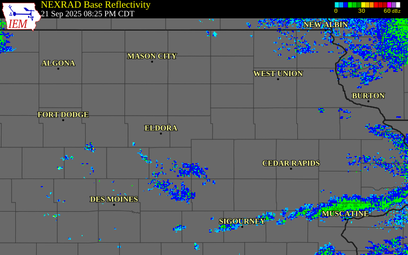 NEXRAD radar during the Sunday, September 21, 2025 storm activity in Grundy County, Iowa
